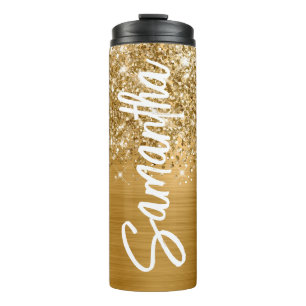 Glittery Gold Glam Vertical Name Personalized Thermal Tumbler