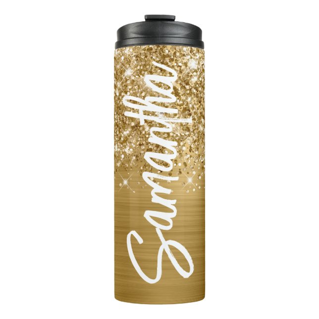 Glittery Gold Glam Vertical Name Personalized Thermal Tumbler (Front)