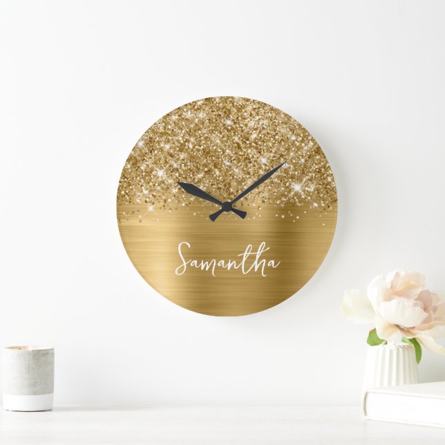 Glittery Gold Glam White Script Name Large Clock (Home)