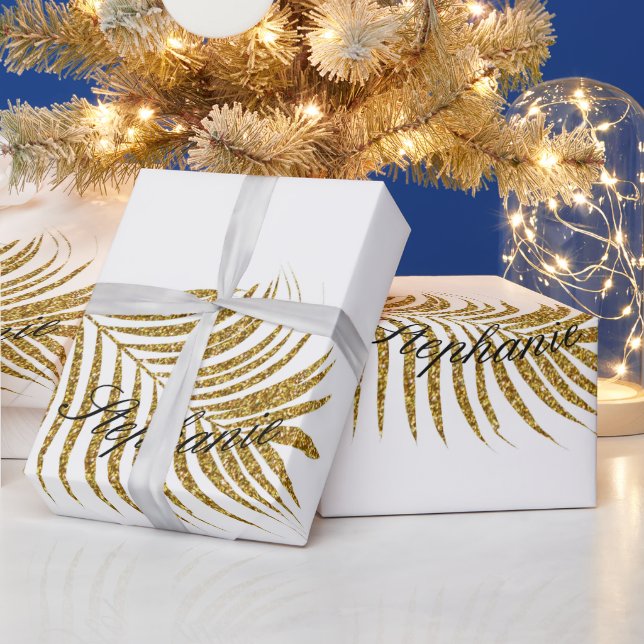 Glittery Gold Leaf Custom Name Birthday Holiday Wrapping Paper (Holidays)