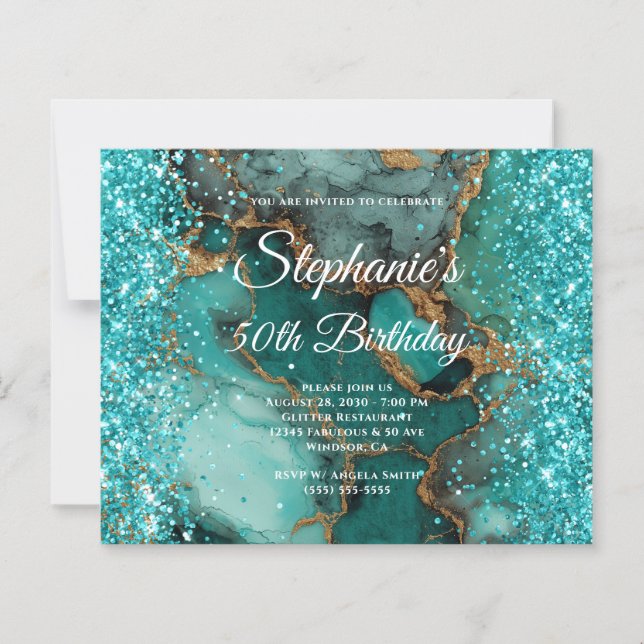 Glittery Gold Marbled Turquoise 50th Birthday (Front)