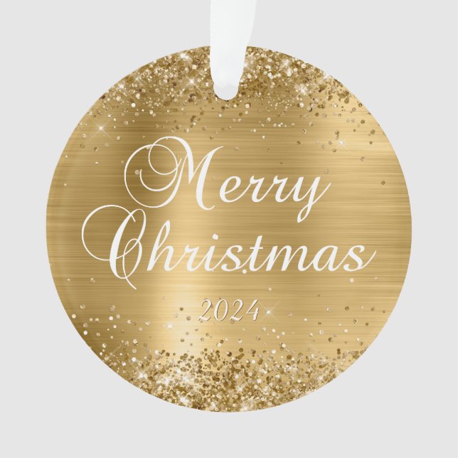 Glittery Gold Merry Christmas Family Photo Ornament (Front)