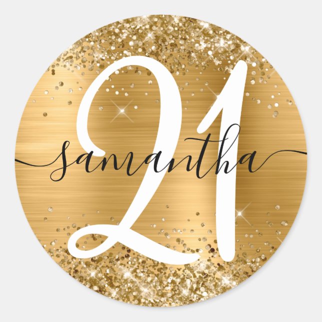 Glittery Gold Metallic Personalized 21 Classic Round Sticker (Front)