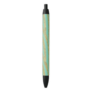 Glittery Gold Mint Zebra Stripes Black Ink Pen