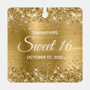 Glittery Gold Ombre Foil Sweet 16 Metal Ornament