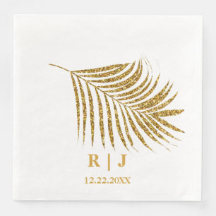 Glittery Gold Palm Leaf Monogram Name Wedding Napkin