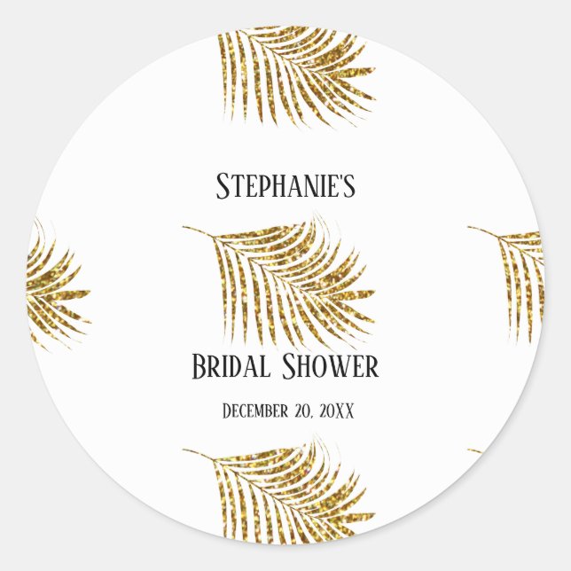 Glittery Gold Palm Tree Leaf Wedding Bridal Shower Classic Round Sticker (Front)