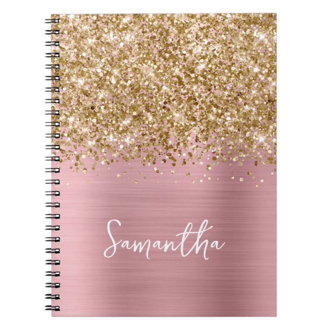 Glittery Gold Pink Blush Glam Script Name Notebook (Front)