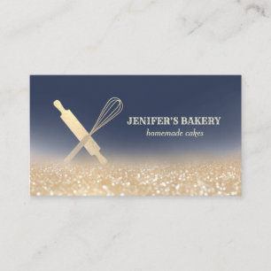 Glittery gold rolling pin whisk chef bakery business card