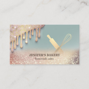Glittery gold rolling pin whisk chef bakery business card