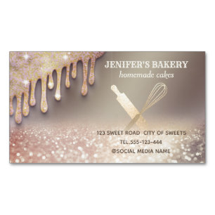 Glittery gold rolling pin whisk chef bakery Magnetic business card