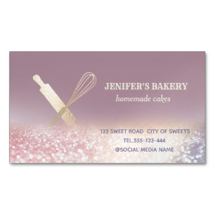 Glittery gold rolling pin whisk chef bakery Magnetic business card