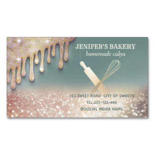 Glittery gold rolling pin whisk chef bakery Magnetic business card