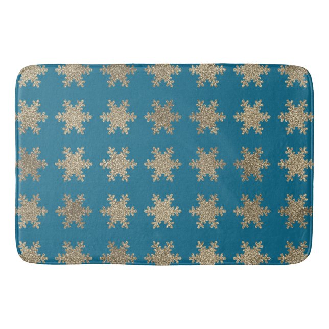 Glittery Gold Snowflake Patterns Rustic Ocean Blue Bath Mat (Front)