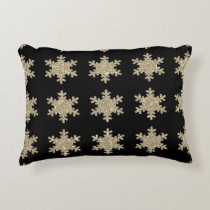 Glittery Gold Snowflakes Patterns Black Cute 2023 Accent Pillow
