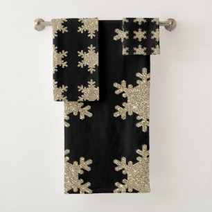 Glittery Gold Snowflakes Patterns Black Cute 2023  Bath Towel Set
