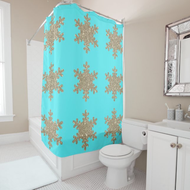 Glittery Gold Snowflakes Patterns Turquoise Blue (In Situ)