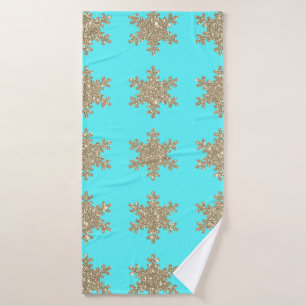 Glittery Gold Snowflakes Patterns Turquoise Blue Bath Towel