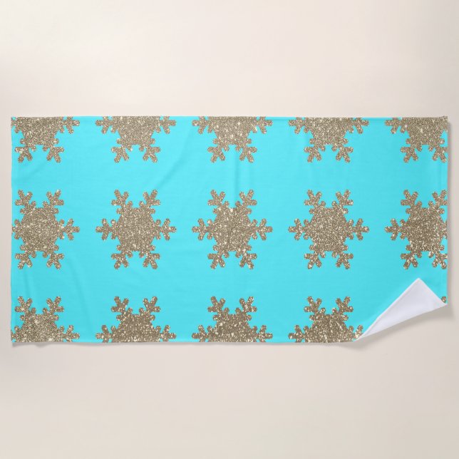 Glittery Gold Snowflakes Patterns Turquoise Cute Beach Towel (Front)