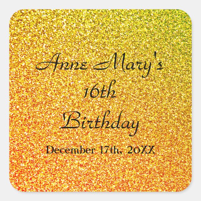 Glittery Gold Sparkle 16th Birthday Custom Name Square Sticker (Front)
