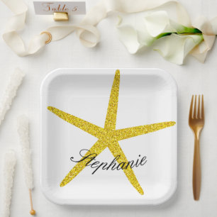 Glittery Gold Starfish Pattern Custom Name Elegant Paper Plate