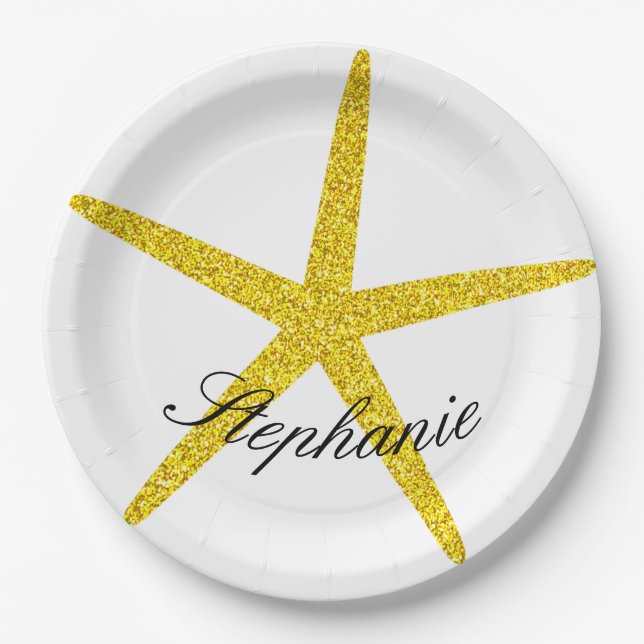 Glittery Gold Starfish Pattern Custom Name Stylish Paper Plate (Front)