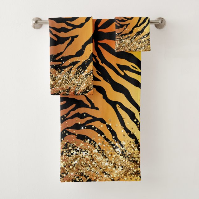 Glittery Gold Tiger Safari Print  Bath Towel Set (Insitu)