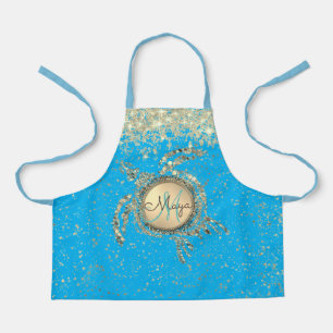 Glittery Gold Turtle on Blue Apron