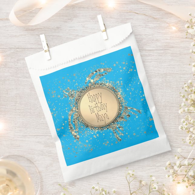 Glittery Gold Turtle on Blue Birthday  Favour Bag (Clipped)