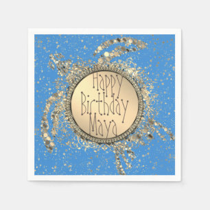 Glittery Gold Turtle on Blue Birthday Napkin