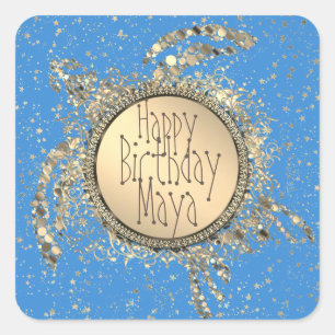 Glittery Gold Turtle on Blue Birthday  Square Sticker