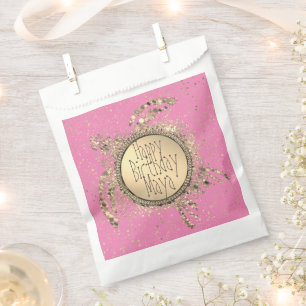 Glittery Gold Turtle on Pink Birthday Favour Bag