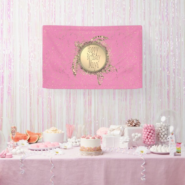 Glittery Gold Turtle on Pink Birthday Personalized Banner (Party)