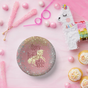 Glittery Gold Unicorn Birthday Paper Plate