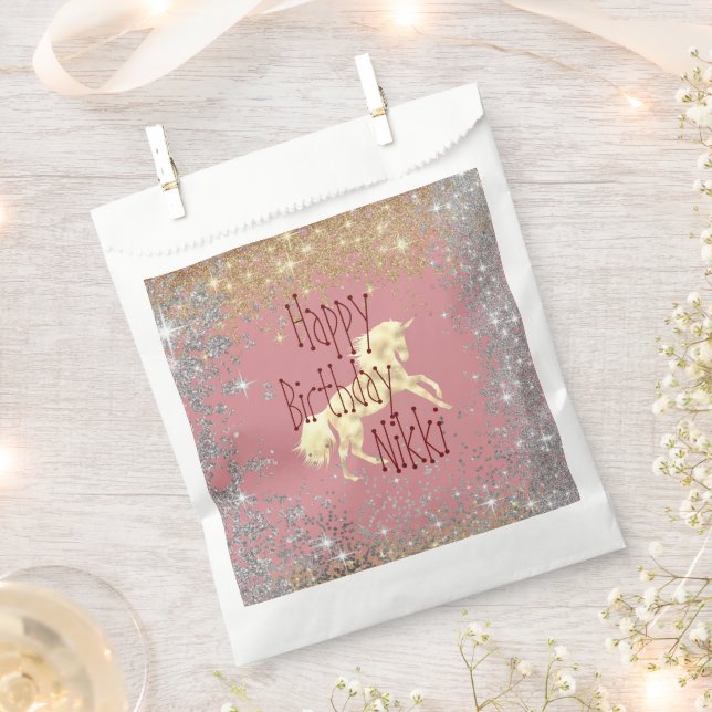 Glittery Gold Unicorn Birthday Personalized Favour Bag (Clipped)