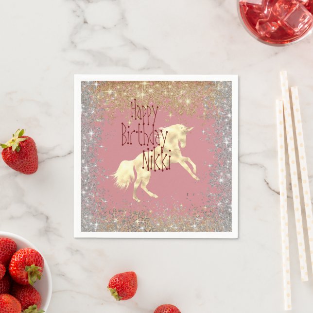 Glittery Gold Unicorn  Birthday Personalized   Napkin (Insitu)
