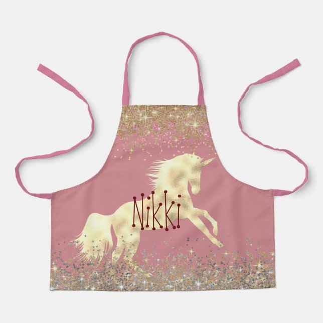 Glittery Gold Unicorn on Pink Personalized Apron (Front)