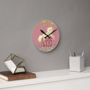Glittery Gold Unicorn on Pino Personalized Round Clock