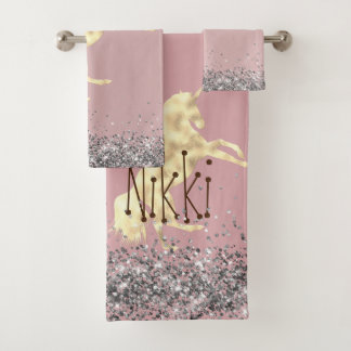 Glittery Gold Unicorn Personalized Bath Towel Set