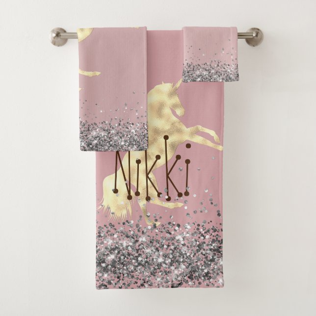 Glittery Gold Unicorn Personalized Bath Towel Set (Insitu)