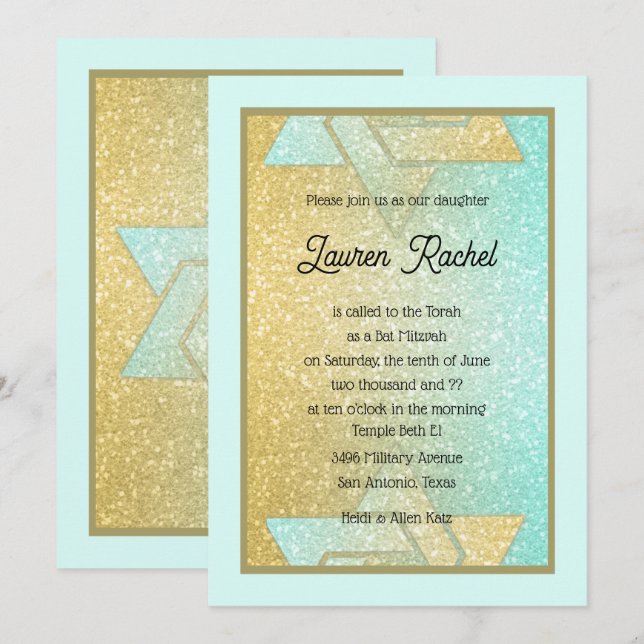 Glittery Gradient Bat Mitzvah Aqua Gold Invitation (Front/Back)