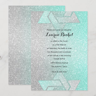 Glittery Gradient Bat Mitzvah Aqua Invitation