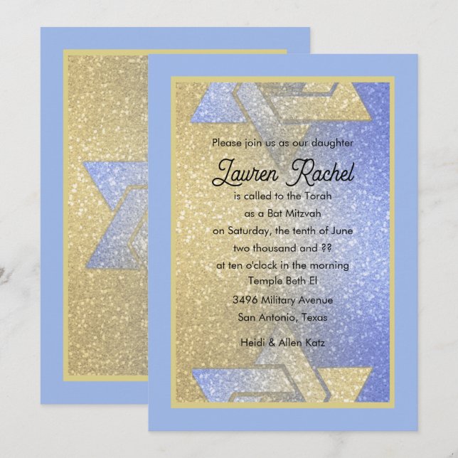 Glittery Gradient Bat Mitzvah Blue Invitation (Front/Back)