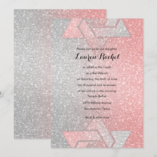 Glittery Gradient Bat Mitzvah Coral Invitation (Front/Back)
