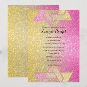 Glittery Gradient Bat Mitzvah Hot Pink Invitation