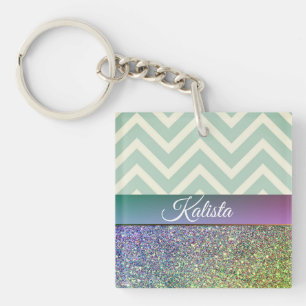 Glittery Green and Purple Chevron Keychain