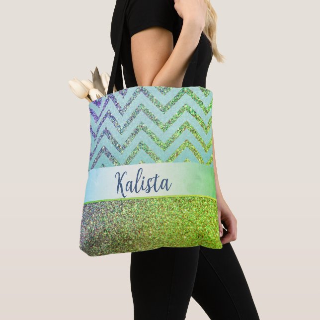 Glittery Green and Purple Chevron Personalized Tote Bag (Close Up)