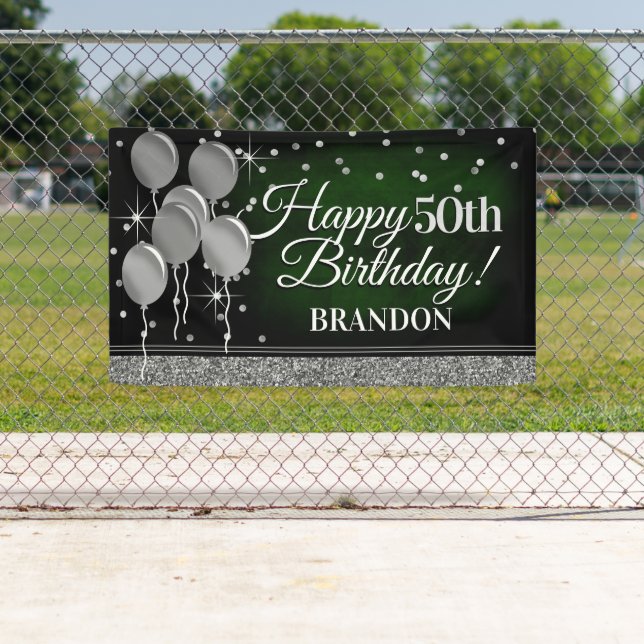 Glittery Green and Silver Happy Birthday Banner (Insitu)