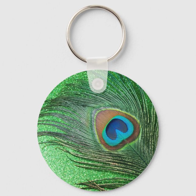 Glittery Green Peacock Feather Still Life Keychain (Front)