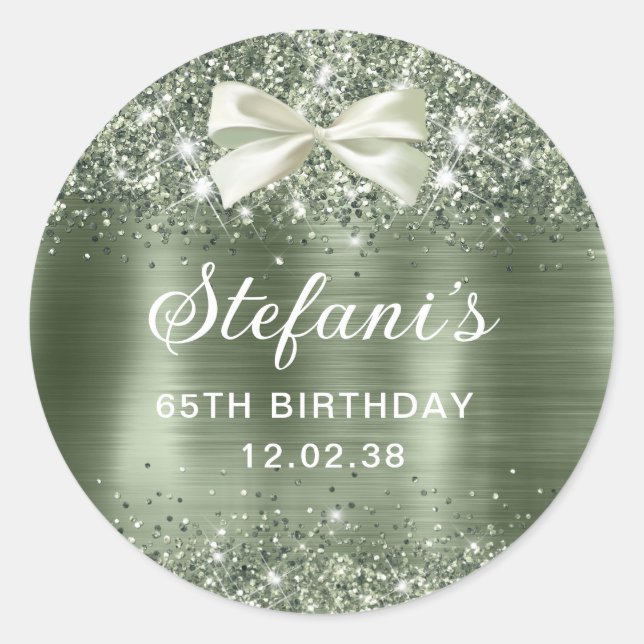 Glittery Green Sage Foil 65th Birthday Classic Classic Round Sticker (Front)